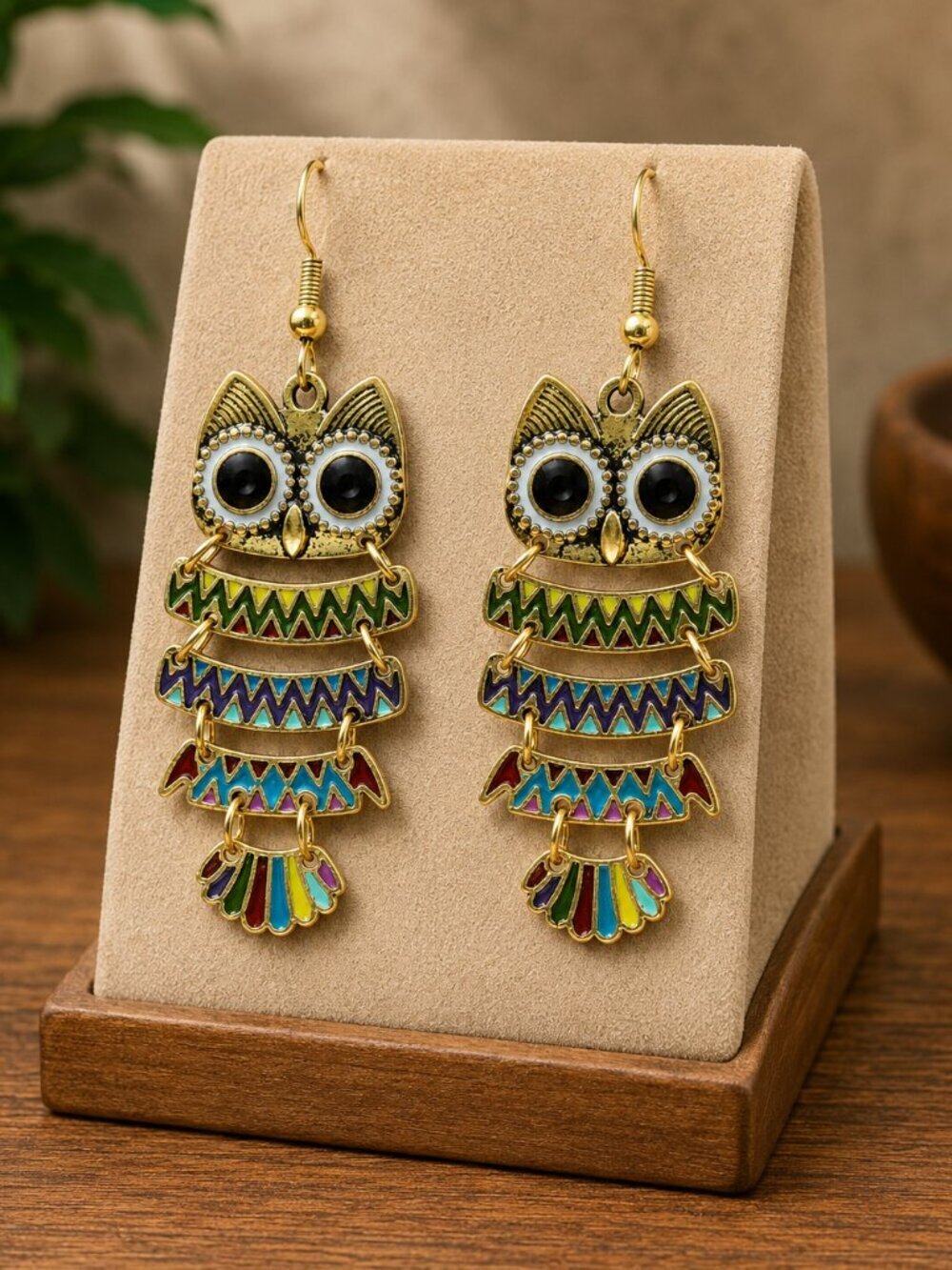 Colorful Enamel Owl Drop Earrings Gold Boho | Boutique - Picture 2 of 5